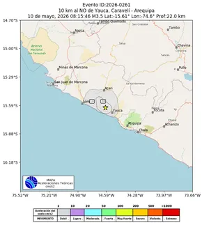 Mapa de aceleración teórica del sismo de magnitud 3.5 a 10 km al NO de Yauca, Caravelí - Arequipa, Perú