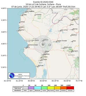 Mapa de aceleración teórica del sismo de magnitud 3.5 a 10 km al S de Sullana, Sullana - Piura, Perú