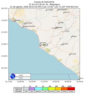 Mapa de aceleración teórica del sismo de magnitud 3.5 a 11 km al E de Ilo, Ilo - Moquegua, Perú