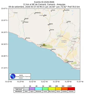 Mapa de aceleración teórica del sismo de magnitud 3.5 a 11 km al NE de Camaná, Camaná - Arequipa, Perú