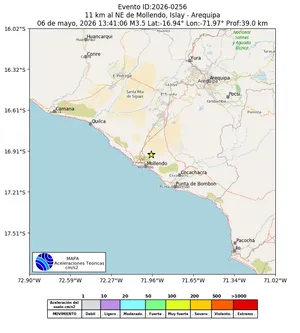 Mapa de aceleración teórica del sismo de magnitud 3.5 a 11 km al NE de Mollendo, Islay - Arequipa, Perú