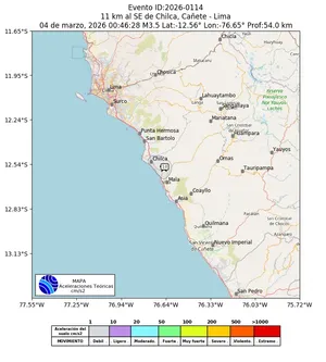 Mapa de aceleración teórica del sismo de magnitud 3.5 a 11 km al SE de Chilca, Cañete - Lima, Perú