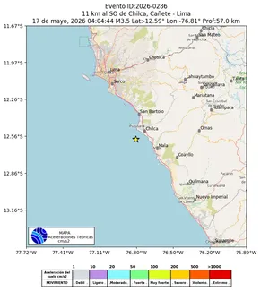 Mapa de aceleración teórica del sismo de magnitud 3.5 a 11 km al SO de Chilca, Cañete - Lima, Perú