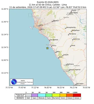 Mapa de aceleración teórica del sismo de magnitud 3.5 a 11 km al SO de Chilca, Cañete - Lima, Perú