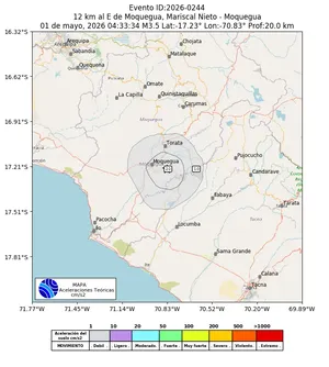 Mapa de aceleración teórica del sismo de magnitud 3.5 a 12 km al E de Moquegua, Mariscal Nieto - Moquegua, Perú