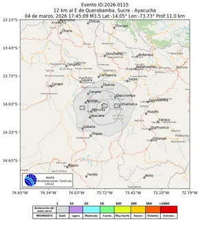 Mapa de aceleración teórica del sismo de magnitud 3.5 a 12 km al E de Querobamba, Sucre - Ayacucho, Perú