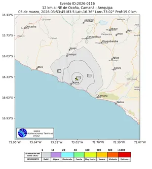Mapa de aceleración teórica del sismo de magnitud 3.5 a 12 km al NE de Ocoña, Camaná - Arequipa, Perú