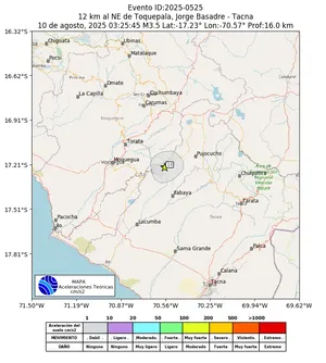 Mapa de aceleración teórica del sismo de magnitud 3.5 a 12 km al NE de Toquepala, Jorge Basadre - Tacna, Perú