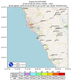 Mapa de aceleración teórica del sismo de magnitud 3.5 a 12 km al NO de Chilca, Cañete - Lima, Perú