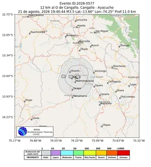 Mapa de aceleración teórica del sismo de magnitud 3.5 a 12 km al O de Cangallo, Cangallo - Ayacucho, Perú
