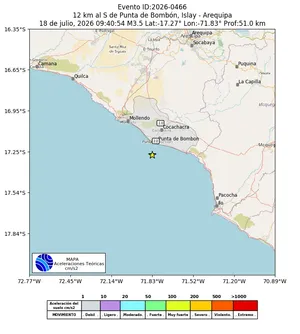Mapa de aceleración teórica del sismo de magnitud 3.5 a 12 km al S de Punta de Bombón, Islay - Arequipa, Perú