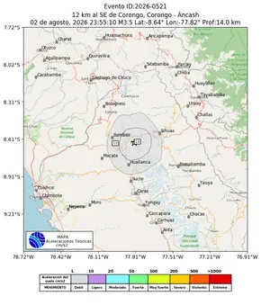 Mapa de aceleración teórica del sismo de magnitud 3.5 a 12 km al SE de Corongo, Corongo - Áncash, Perú