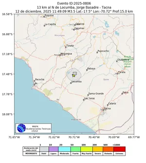 Mapa de aceleración teórica del sismo de magnitud 3.5 a 13 km al N de Locumba, Jorge Basadre - Tacna, Perú