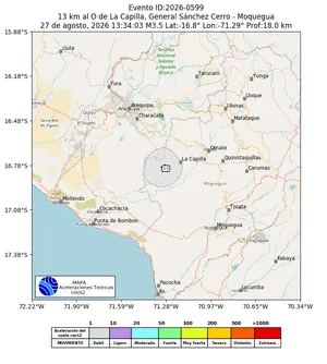 Mapa sísmico del sismo de magnitud 3.5 a 13 km al O de La Capilla, General Sánchez Cerro - Moquegua, Perú