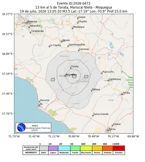 Mapa de aceleración teórica del sismo de magnitud 3.5 a 13 km al S de Torata, Mariscal Nieto - Moquegua, Perú
