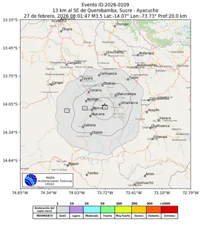 Mapa de aceleración teórica del sismo de magnitud 3.5 a 13 km al SE de Querobamba, Sucre - Ayacucho, Perú