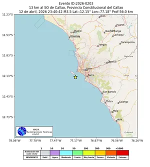 Mapa de aceleración teórica del sismo de magnitud 3.5 a 13 km al SO de Callao, Provincia Constitucional del Callao, Perú