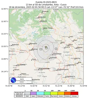 Mapa de aceleración teórica del sismo de magnitud 3.5 a 13 km al SO de Limatambo, Anta - Cusco, Perú