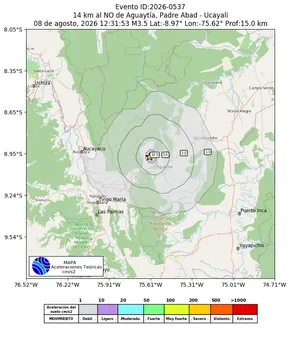Mapa de aceleración teórica del sismo de magnitud 3.5 a 14 km al NO de Aguaytía, Padre Abad - Ucayali, Perú
