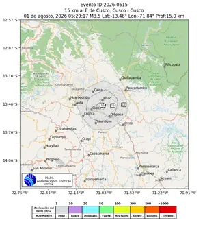 Mapa de aceleración teórica del sismo de magnitud 3.5 a 15 km al E de Cusco, Cusco - Cusco, Perú