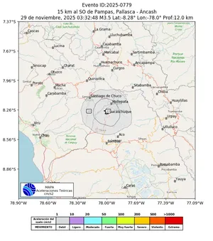 Mapa de aceleración teórica del sismo de magnitud 3.5 a 15 km al SO de Pampas, Pallasca - Áncash, Perú