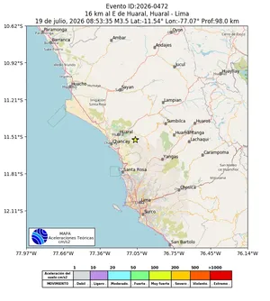 Mapa de aceleración teórica del sismo de magnitud 3.5 a 16 km al E de Huaral, Huaral - Lima, Perú