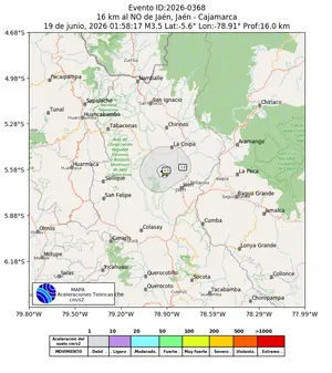 Mapa de aceleración teórica del sismo de magnitud 3.5 a 16 km al NO de Jaén, Jaén - Cajamarca, Perú