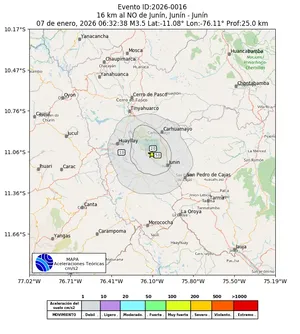Mapa de aceleración teórica del sismo de magnitud 3.5 a 16 km al NO de Junín, Junín - Junín, Perú