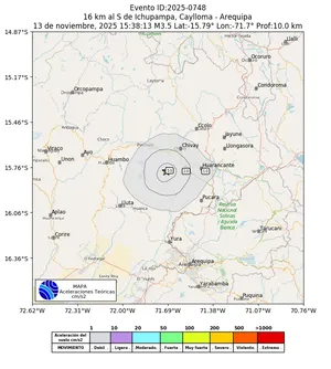 Mapa de aceleración teórica del sismo de magnitud 3.5 a 16 km al S de Ichupampa, Caylloma - Arequipa, Perú