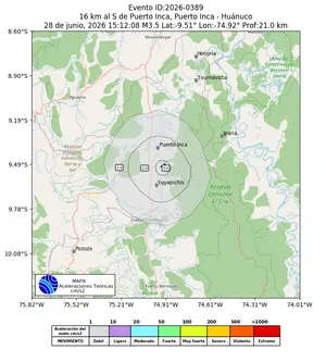 Mapa de aceleración teórica del sismo de magnitud 3.5 a 16 km al S de Puerto Inca, Puerto Inca - Huánuco, Perú