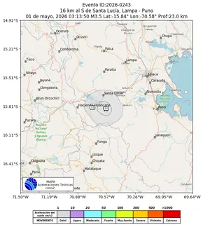 Mapa de aceleración teórica del sismo de magnitud 3.5 a 16 km al S de Santa Lucía, Lampa - Puno, Perú