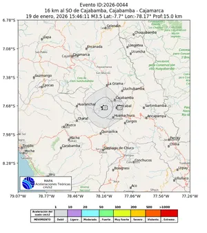 Mapa de aceleración teórica del sismo de magnitud 3.5 a 16 km al SO de Cajabamba, Cajabamba - Cajamarca, Perú