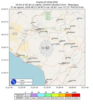 Mapa de aceleración teórica del sismo de magnitud 3.5 a 16 km al SO de La Capilla, General Sánchez Cerro - Moquegua, Perú