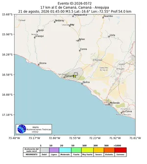 Mapa de aceleración teórica del sismo de magnitud 3.5 a 17 km al E de Camaná, Camaná - Arequipa, Perú