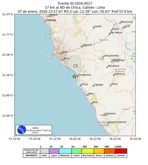 Mapa de aceleración teórica del sismo de magnitud 3.5 a 17 km al NO de Chilca, Cañete - Lima, Perú