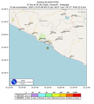 Mapa de aceleración teórica del sismo de magnitud 3.5 a 17 km al SE de Chala, Caravelí - Arequipa, Perú