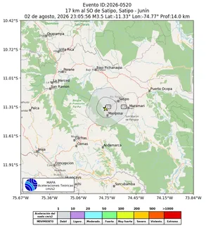 Mapa de aceleración teórica del sismo de magnitud 3.5 a 17 km al SO de Satipo, Satipo - Junín, Perú