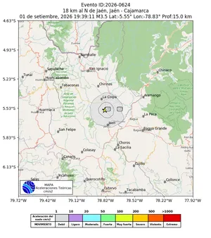 Mapa de aceleración teórica del sismo de magnitud 3.5 a 18 km al N de Jaén, Jaén - Cajamarca, Perú
