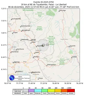 Mapa de aceleración teórica del sismo de magnitud 3.5 a 18 km al NE de Tayabamba, Pataz - La Libertad, Perú