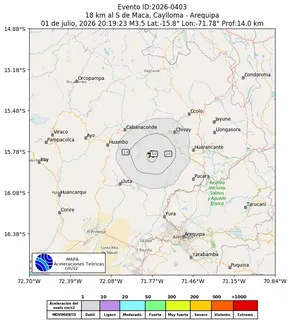 Mapa de aceleración teórica del sismo de magnitud 3.5 a 18 km al S de Maca, Caylloma - Arequipa, Perú