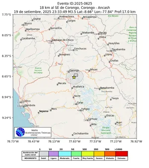 Mapa de aceleración teórica del sismo de magnitud 3.5 a 18 km al SE de Corongo, Corongo - Ancash, Perú