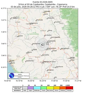 Mapa de aceleración teórica del sismo de magnitud 3.5 a 18 km al SO de Cajabamba, Cajabamba - Cajamarca, Perú
