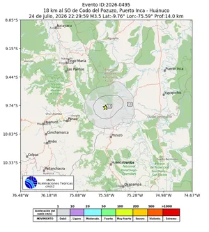 Mapa de aceleración teórica del sismo de magnitud 3.5 a 18 km al SO de Codo del Pozuzo, Puerto Inca - Huánuco, Perú