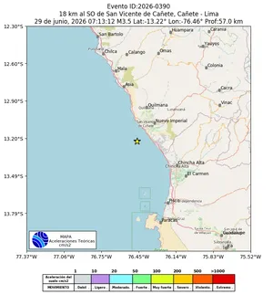 Mapa de aceleración teórica del sismo de magnitud 3.5 a 18 km al SO de San Vicente de Cañete, Cañete - Lima, Perú