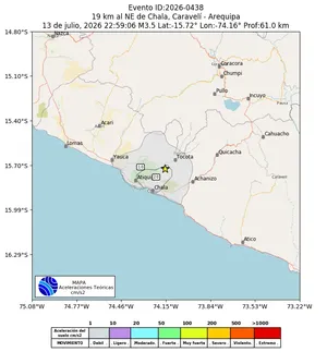 Mapa de aceleración teórica del sismo de magnitud 3.5 a 19 km al NE de Chala, Caravelí - Arequipa, Perú