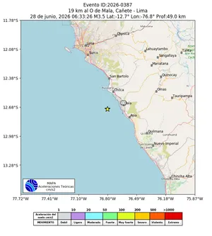 Mapa de aceleración teórica del sismo de magnitud 3.5 a 19 km al O de Mala, Cañete - Lima, Perú