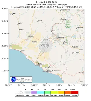 Mapa de aceleración teórica del sismo de magnitud 3.5 a 19 km al SE de Vitor, Arequipa - Arequipa, Perú