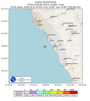 Mapa de aceleración teórica del sismo de magnitud 3.5 a 19 km al SO de Chilca, Cañete - Lima, Perú