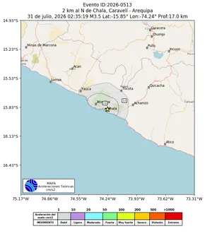 Mapa de aceleración teórica del sismo de magnitud 3.5 a 2 km al N de Chala, Caravelí - Arequipa, Perú