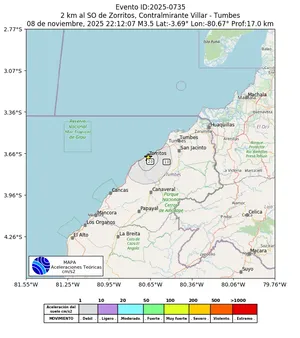 Mapa de aceleración teórica del sismo de magnitud 3.5 a 2 km al SO de Zorritos, Contralmirante Villar - Tumbes, Perú